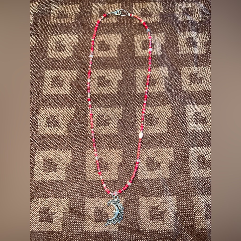 Handmade seed bead necklace with moon charm